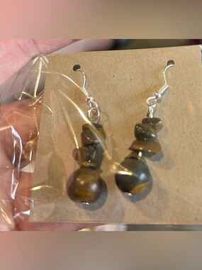 Handmade Brown Tiger Eye Drop Earrings, on stainless steel ear wires.